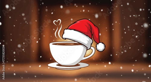 Festive christmas coffee cup with santa hat and snowflakes on a warm background