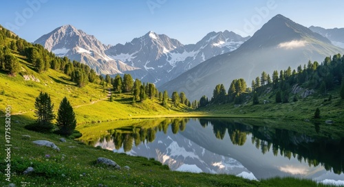 A serene alpine lake reflects the surrounding mountains and lush greenery, creating a picturesque landscape on a sunny day