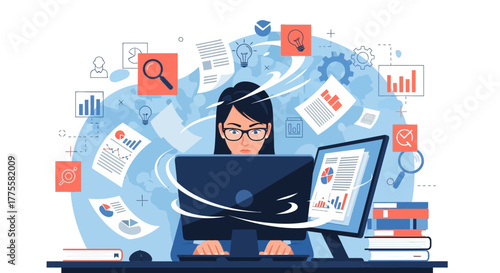 Woman Analyzing Data and Information on Computer Displays in Animated Illustration