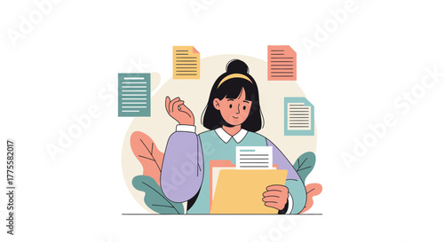 Woman Analyzing Documents with Floral Background for Business and Office Efficiency