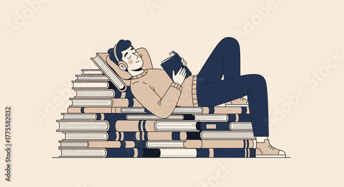 Relaxed Reader Resting On A Stack Of Books Enjoying Leisure And Education Time Moment