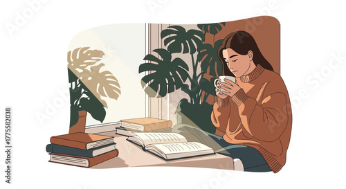 Relaxed Woman Sipping Beverage While Reading Book Near Window And Lush Greenery