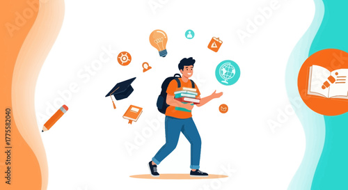 Scholar With Books and Education Symbols Visualized in a Colorful Illustration