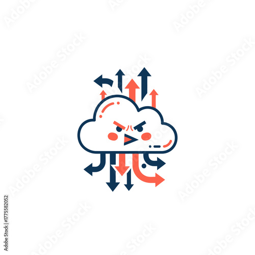Angry cloud icon with data flow arrows network processing concept