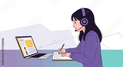 Woman Attending Online Meeting and Taking Notes With Modern Telecommunication Technology