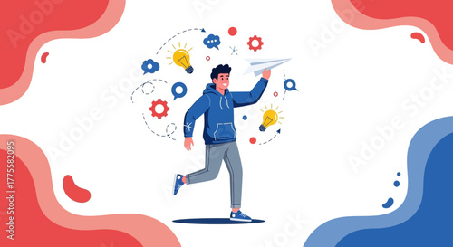 Inspiring Idea Embodied: A Young Man Launching Ideas Through Paper Airplane.