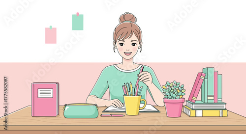 Woman At Desk with Stationery, Smiling, Working and Focusing on Creative Project Today