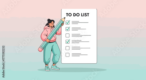 Woman Completing To Do List With A Giant Pencil Illustration Concept On Checklist