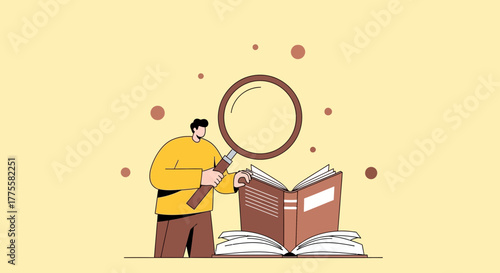 Investigating The Literature: A Reader Looking Through A Magnifying Glass And Books