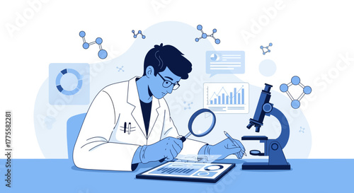 Scientist Performs Scientific Research Examining Data With Microscope And Tablet In Laboratory