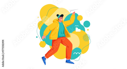 Joyful Person Launching Paper Airplane With Colorful Abstract Artistic Illustration