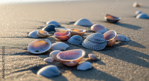 Collection of Cockleshells on Beach Sand at Golden Hour Sunset
A mesmerizing, low-angle close-up capturing a cluster of beautiful, primarily cockleshells