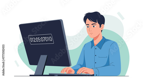 Serious Man Working On Computer Looking At Screen With Digital Information Displayed