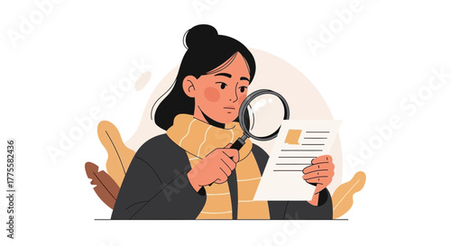 Serious Investigator Uses Magnifying Glass for Document Analysis and Research