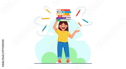 Joyful Scholar Balances Books And Pencils Illustrating Education And Amusement