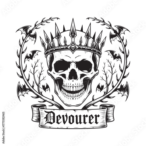 Skull with Spiked Crown and Bat Wings Garland vector