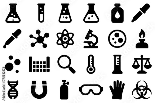 Simple silhouettes chemistry virus lab set of medical analysis experiment, laboratory test flask, chemical formula and reaction tube. Vector illustration