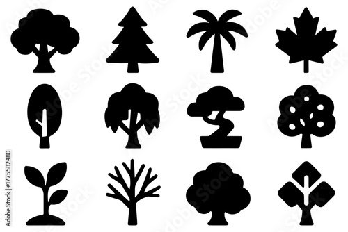 Big collection Tree. Tree simple silhouettes icon. Wood. Plant.