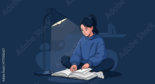 Woman Focused Reading Under Lamp's Beam Against Dark Backdrop Illustrative Study Activity