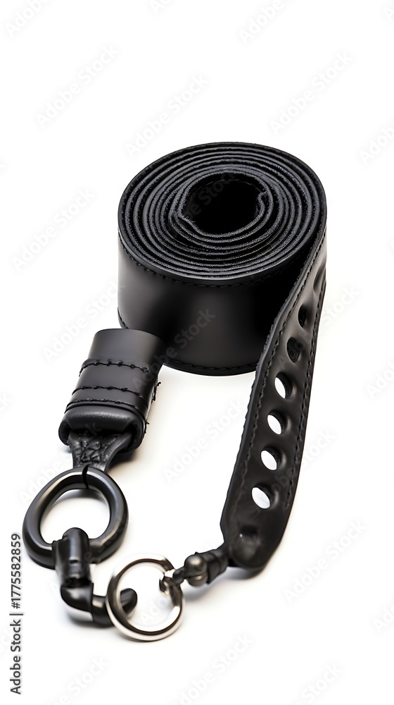 Obraz premium Close up of a coiled black leather strap with a metal ring and clip for a camera or bag on a white background