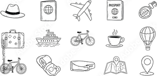 Collection of hand drawn travel and vacation icons featuring transportation and luggage