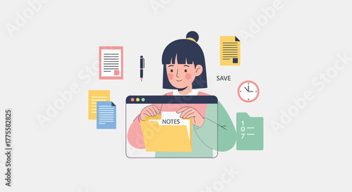 Woman Organizes Documents With Digital Files and Time Management Elements