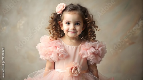 Adorable Young Girl in Pink Tulle Party Dress with Ruffles and Roses, Studio Portrait