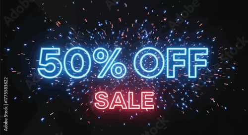 Neon 50 percent off sale sign with glowing particles on a dark background