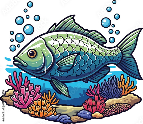 Cartoon fish swimming underwater with coral reefs and bubbles in bright colors