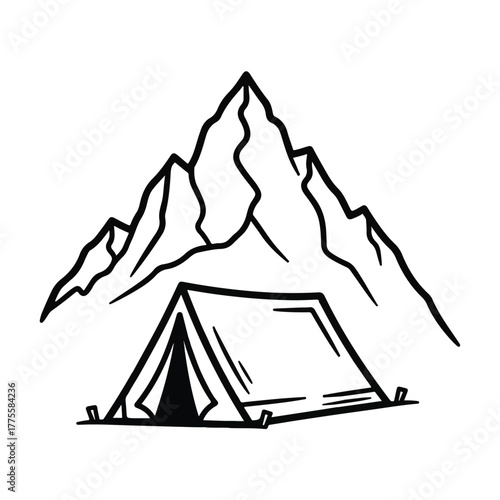 Camping icon featuring a tent in front of majestic mountains, symbolizing outdoor adventure