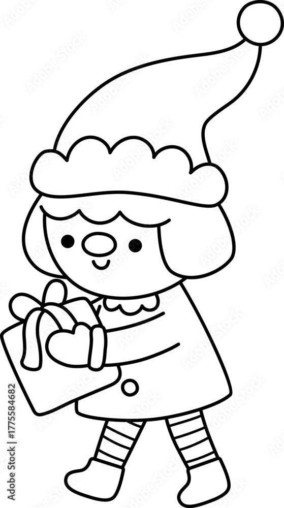 Obraz premium Vector black and white cartoon Christmas elf in hat holding present clipart. Cute new year symbol gnome illustration for kids. Winter holiday dwarf with gift line icon, coloring page