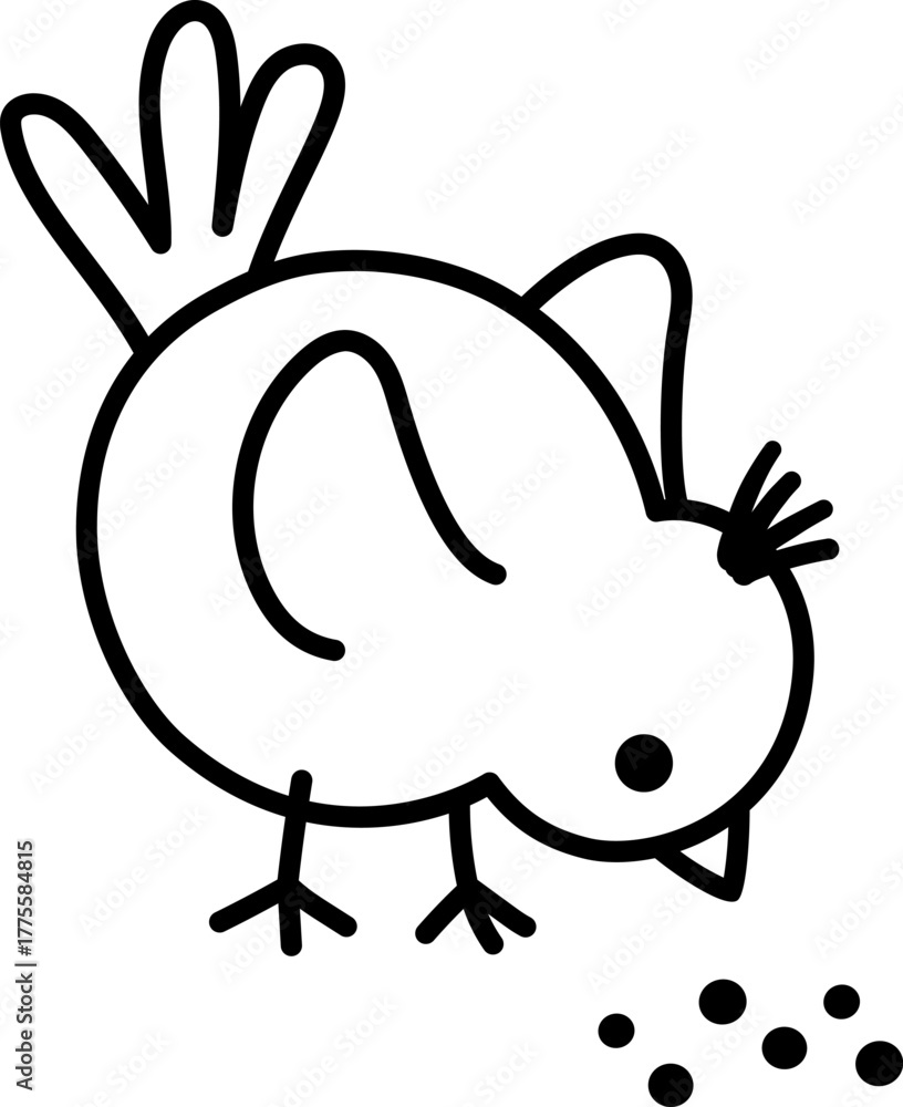 Fototapeta premium Vector black and white cartoon brown bird pecking seeds. Christmas animal clipart. Cute new year bird illustration for kids. Winter holiday line icon, coloring page