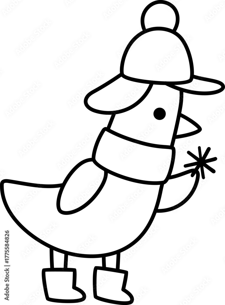 Fototapeta premium Vector black and white cartoon bird in warm hat looking at snowflake. Christmas animal clipart. Cute new year goose illustration for kids. Winter holiday line icon or coloring page