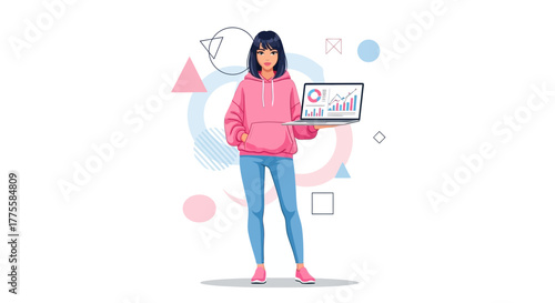 Young Woman Presenting Financial Data on a Laptop, Modern Business Illustration