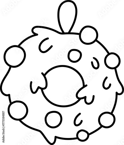 Vector black and white Christmas wreath decorated with balls. Cute winter door decoration illustration. New Year symbol home decor. Funny cartoon holiday line icon or coloring page