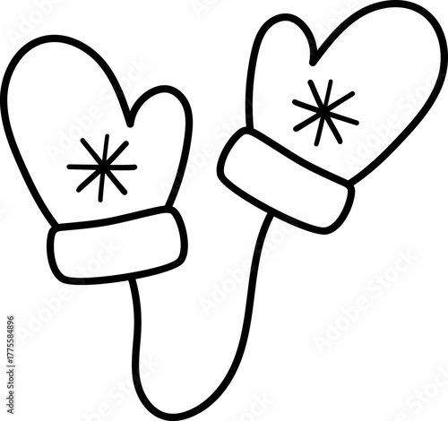 Vector black and white pair of mittens on string. Cute Christmas hand clothes illustration. New Year or winter warm glove with snowflake. Funny cartoon holiday line icon, coloring page