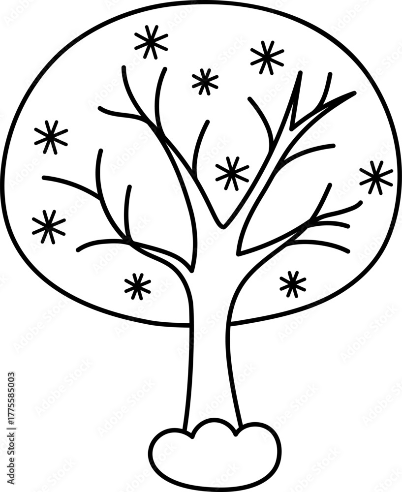 Fototapeta premium Vector black and white cartoon Christmas tree clipart covered with snow and snowflakes. Cute new year symbol illustration for kids. Winter holiday plant line icon, coloring page