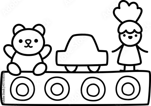 Vector black and white conveyor belt with toys. Santa Claus toy factory element with teddy bear, car, doll. Cute Christmas or New Year plant line illustration, coloring page for kids
