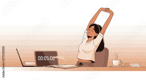 Woman Stretching at Desk After Work Break Reflecting on Relaxation and Comfort