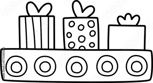 Vector black and white conveyor belt with gift boxes. Santa Claus toy factory element with presents. Cute Christmas or New Year plant line illustration or coloring page for kids