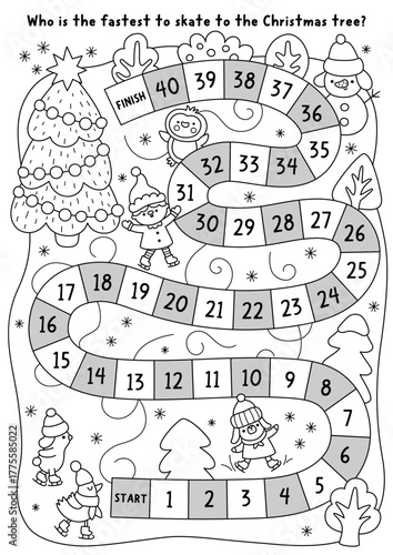 Christmas village black and white board game with animals and elves skating on skates to fir tree. Line races boardgame with snowman, penguin. Winter holiday printable activity, coloring page