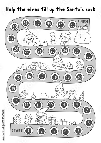Christmas village black and white board game with elves filling up Santa Claus sack with presents on toy factory. Line boardgame with conveyor belt. Winter holiday printable activity, coloring page