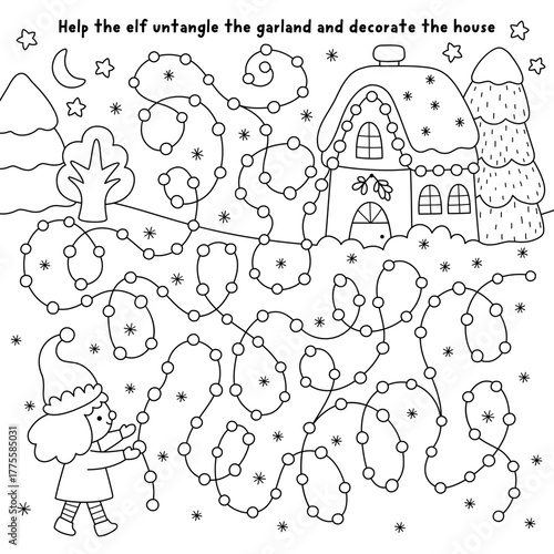 Christmas village black and white maze with elf decorating house with garland. Line labyrinth game with dwarf untangling lights and ornaments. Winter holiday printable activity, coloring page