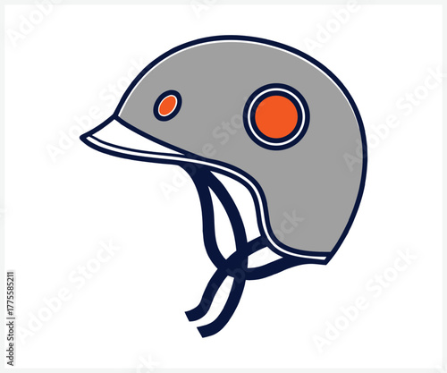 Simple cartoon illustration of a grey protective helmet with orange accents and chin straps