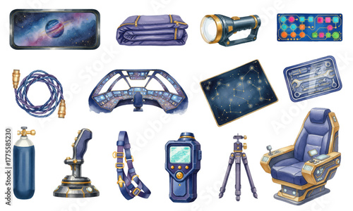 Watercolor Spaceship Cockpit, Control Panel, and Futuristic Equipment