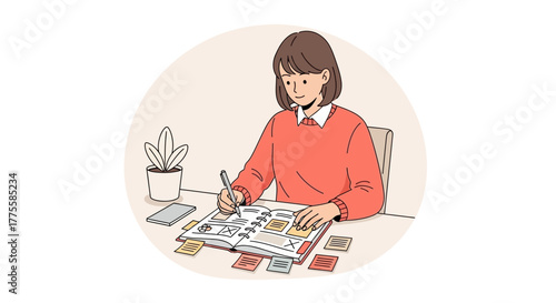 Woman Working on a Planner with Detailed Notes and Post-it Notes in a Circular Design