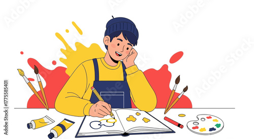 Young Artist Sketching, Dreamily Composing a Vibrant Artwork, Colorful Artistic Process