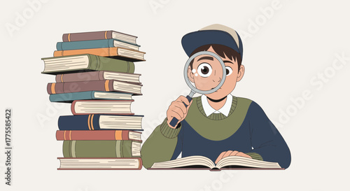 Young Bookworm Exploring Knowledge with Magnifying Glass Amidst Many Volumes
