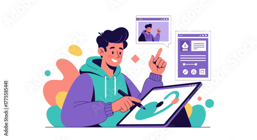 Young Designer Illustrating On A Digital Tablet While Giving a Presentation with a Smile