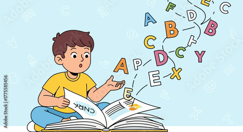 Young Boy Exploring Letters Flying Out Of Book With Amazement and Excitement